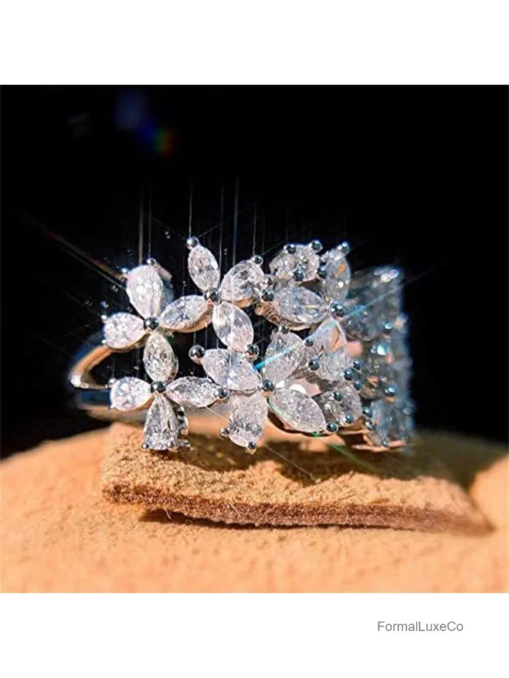 925 Sterling Silver 18K Gold Plated Flower Cocktail Ring CZ Promise Eternity